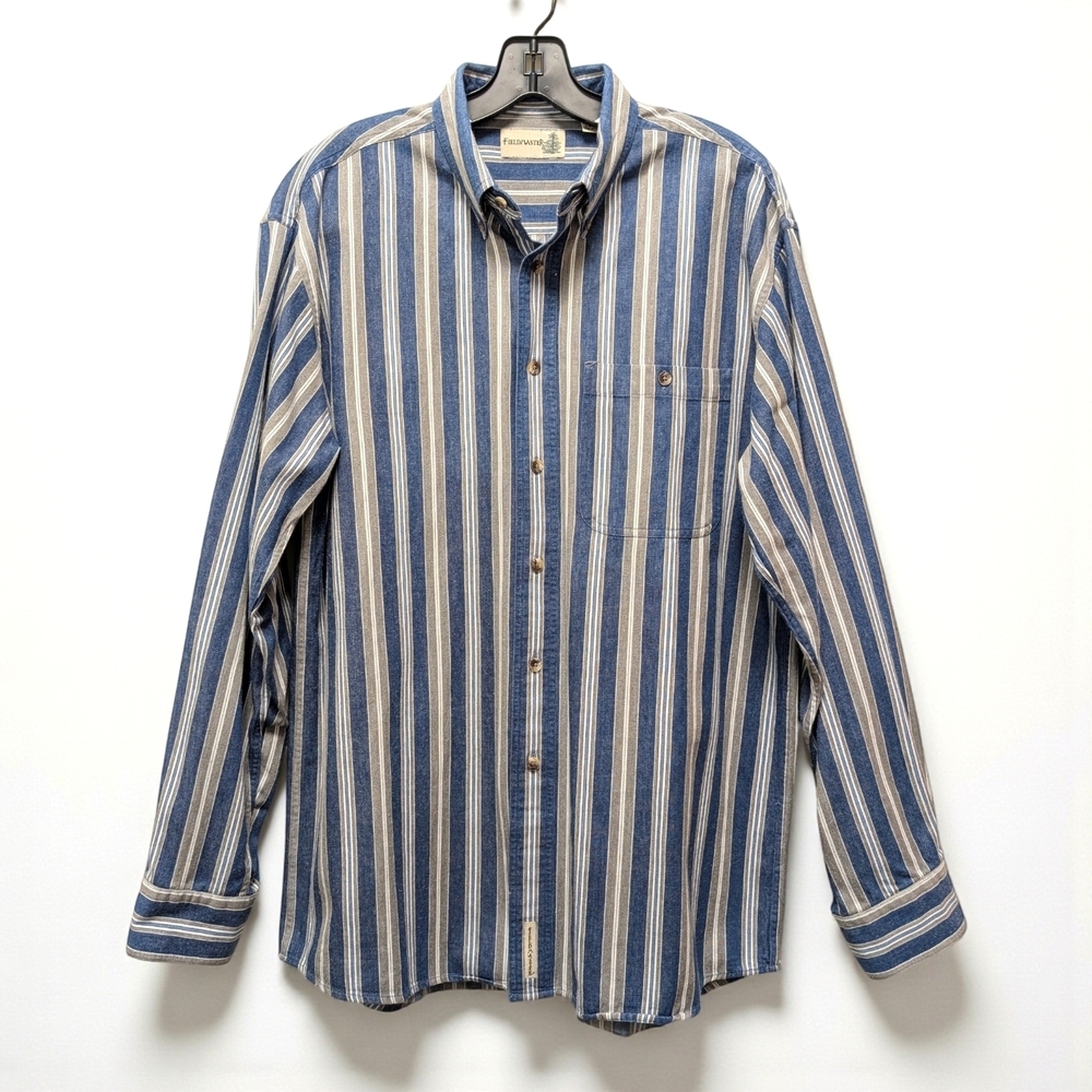 Fieldmaster Vintage Blue White and Tan Denim Striped Button Down Shirt Men's M
